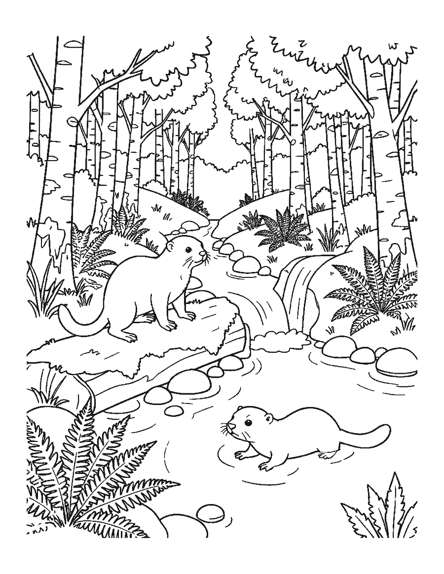 Line drawing of two river otters by a woodland stream, one on a log and one swimming