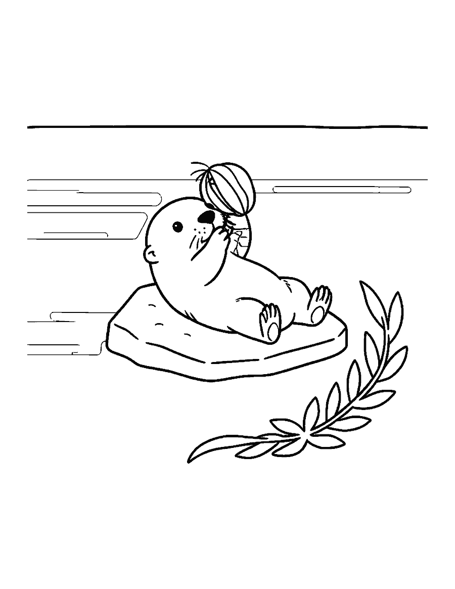 Line drawing of a sea otter floating on its back cracking a clam on a rock on its chest