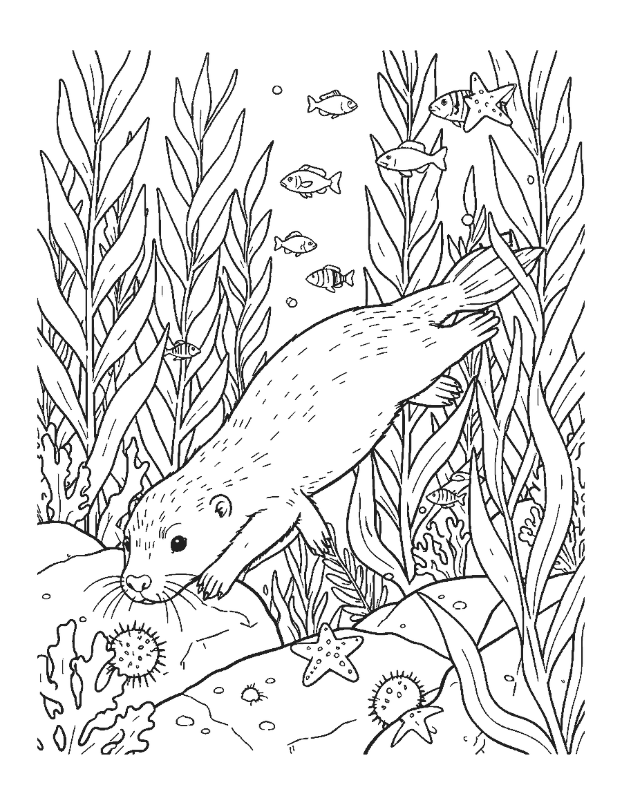 Line drawing of a sea otter diving through a kelp forest toward a sea urchin on the rocks
