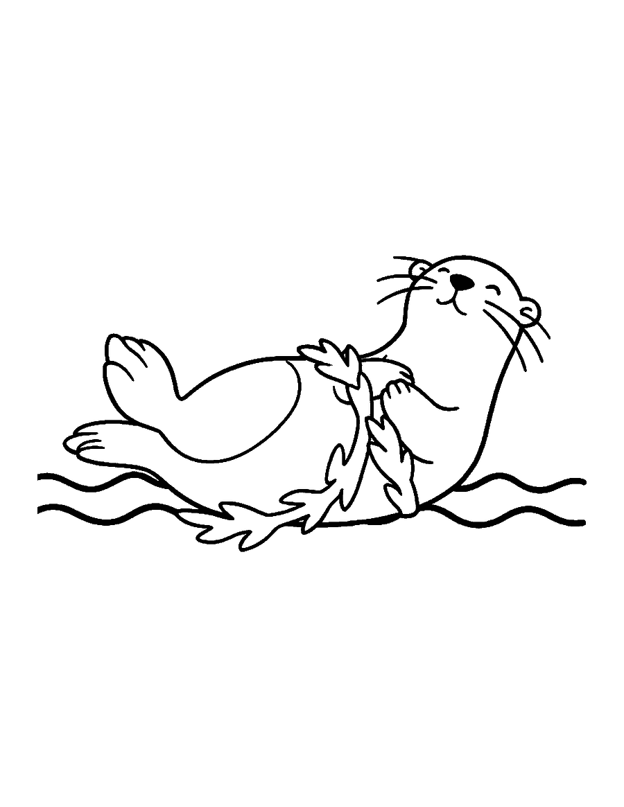 Line drawing of a sea otter floating on its back asleep with kelp wrapped around it
