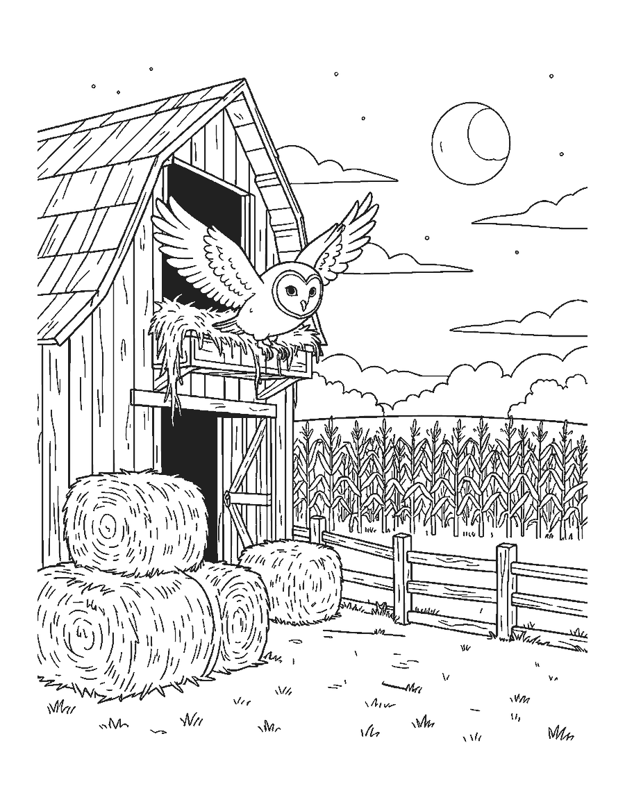Line drawing of a barn owl flying out of the hayloft of an old barn at dusk