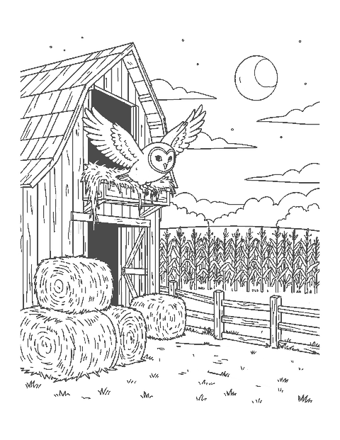 Line drawing of a barn owl flying out of the hayloft of an old barn at dusk