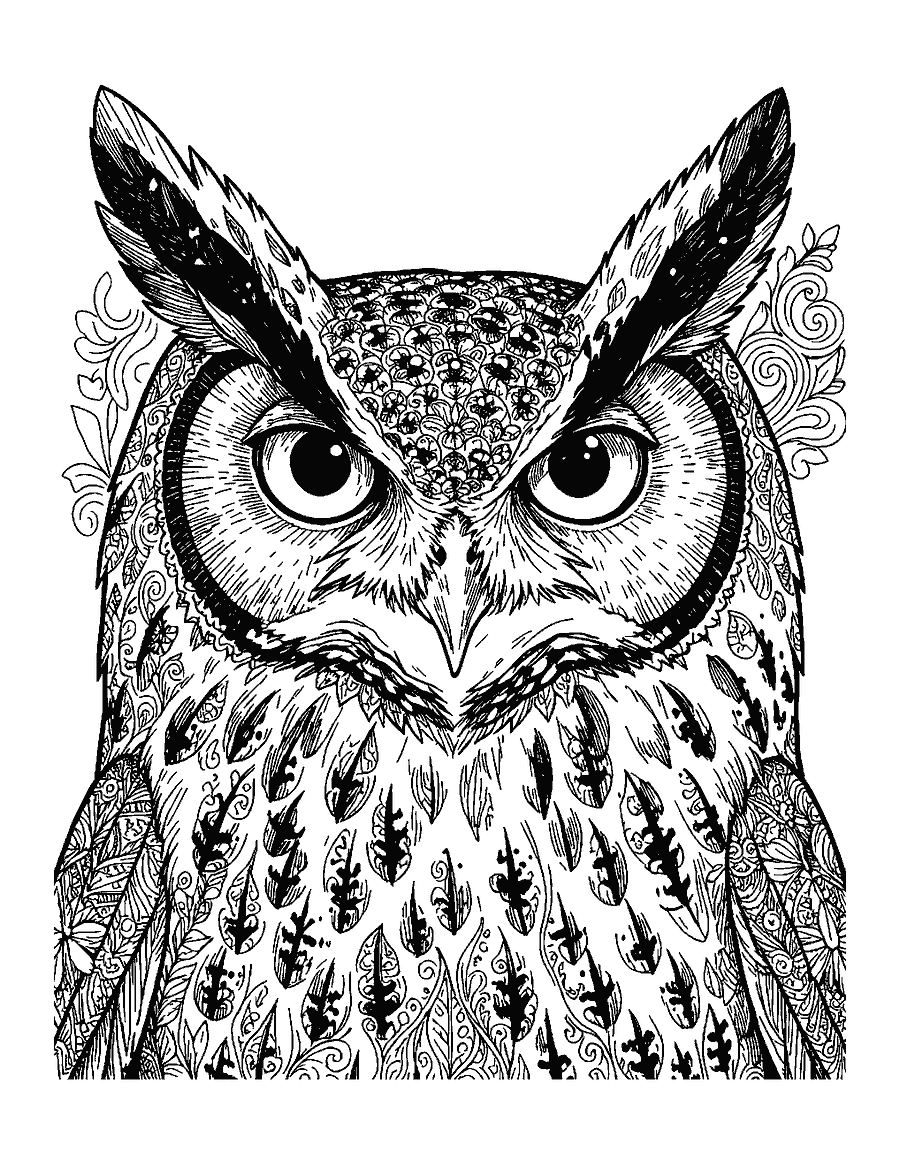 Line drawing close-up of a great horned owl with ear tufts and detailed feathers