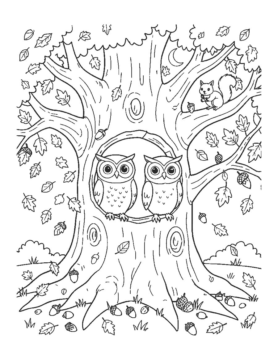 Line drawing of two owls in a hollow oak tree with falling autumn leaves, acorns, a squirrel and a crescent moon