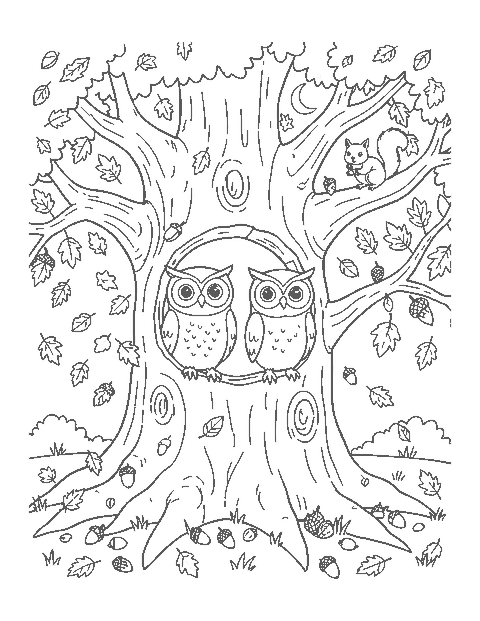 Line drawing of two owls in a hollow oak tree with falling autumn leaves, acorns, a squirrel and a crescent moon