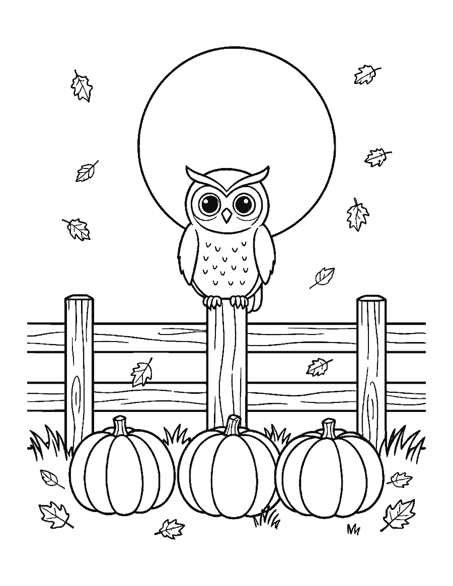 Line drawing of an owl on a fence post above three pumpkins under a full moon