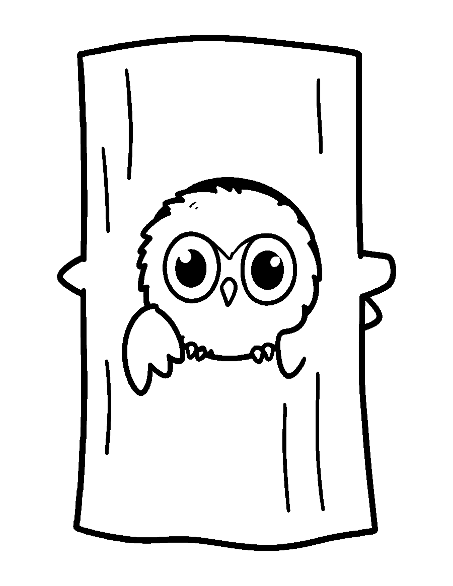 Line drawing of a fluffy baby owl peeking out of a hole in a tree trunk