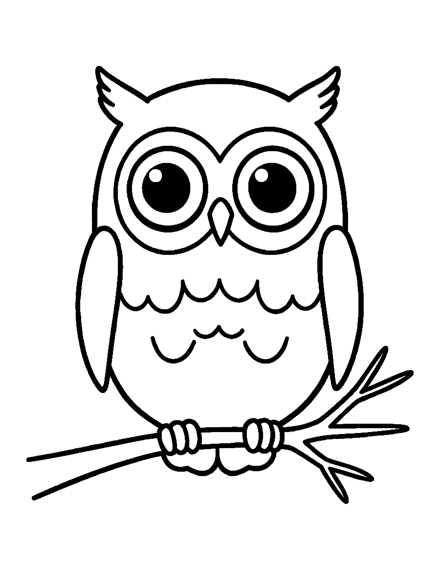 Line drawing of a round owl with huge eyes sitting on a branch