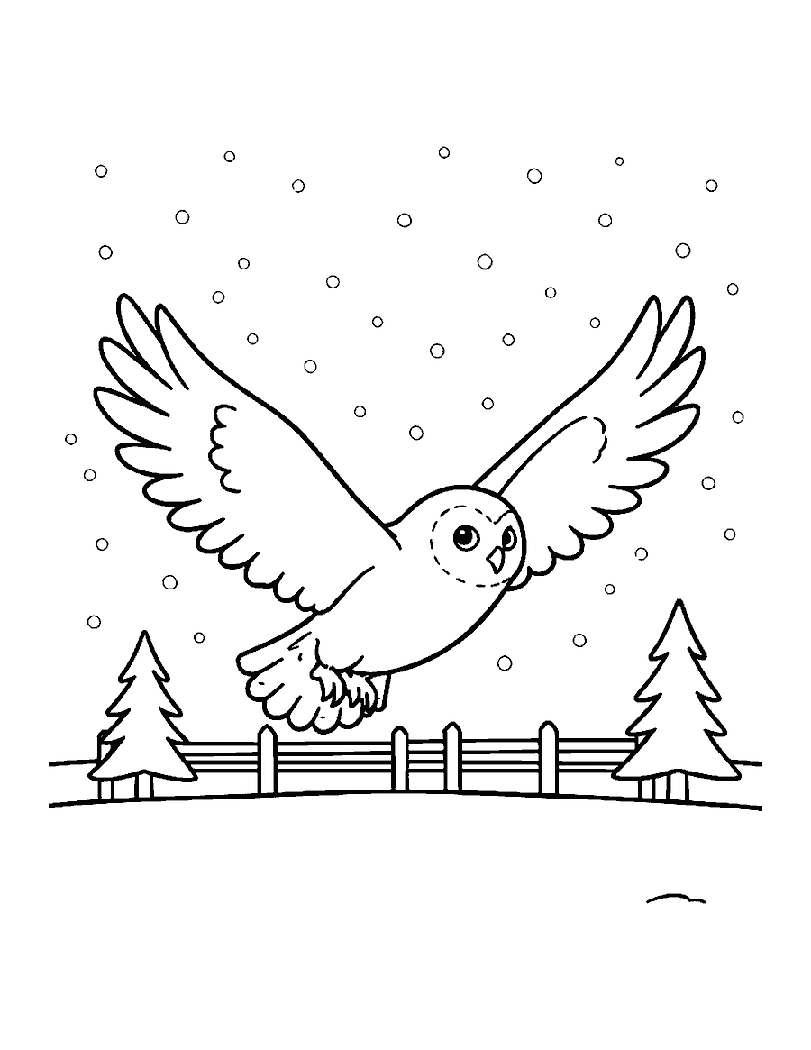 Line drawing of a snowy owl gliding with wings spread over a snowy field and fence