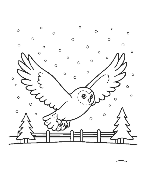 Line drawing of a snowy owl gliding with wings spread over a snowy field and fence