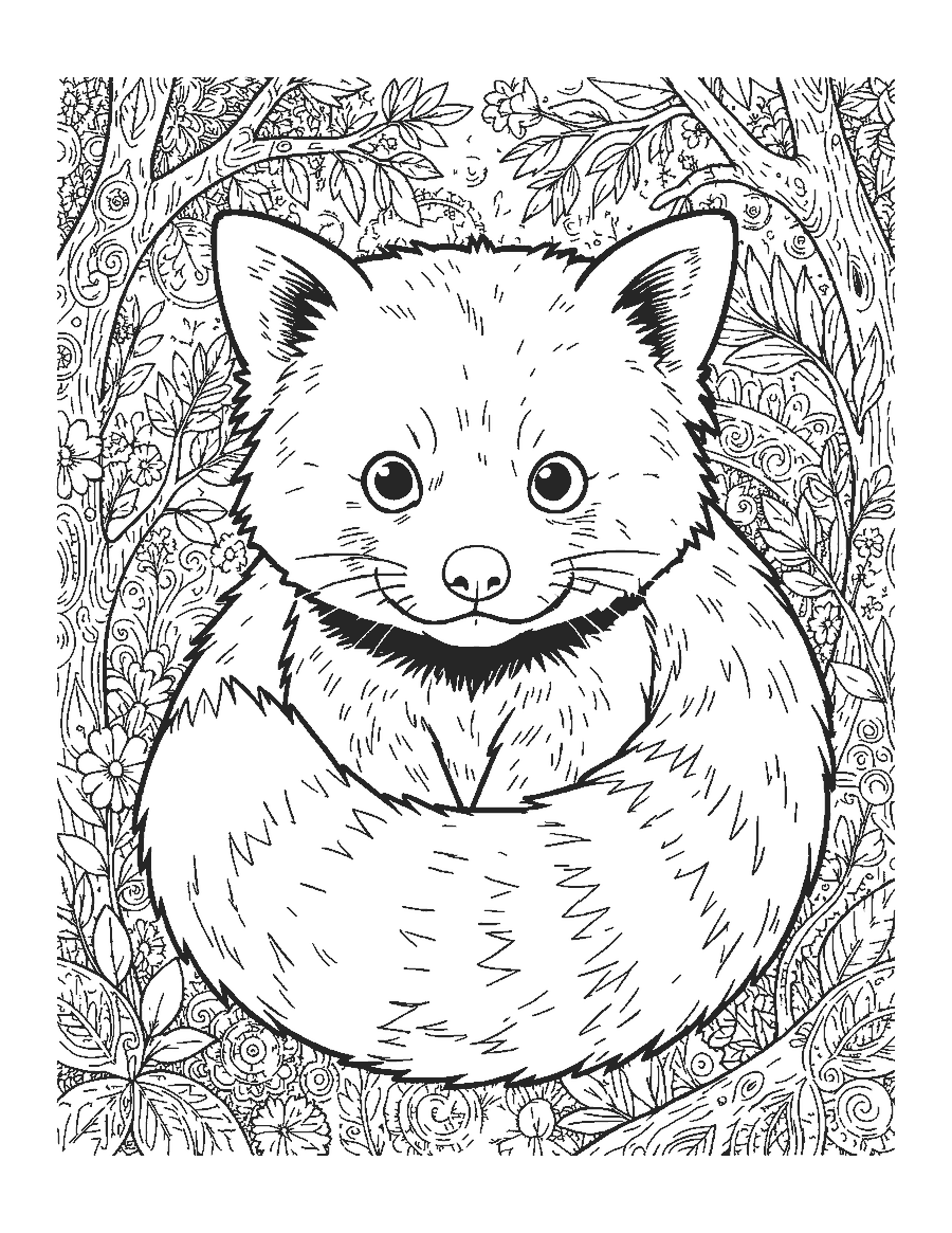 Line drawing close-up of a red panda with detailed fur and its ringed tail wrapped around it