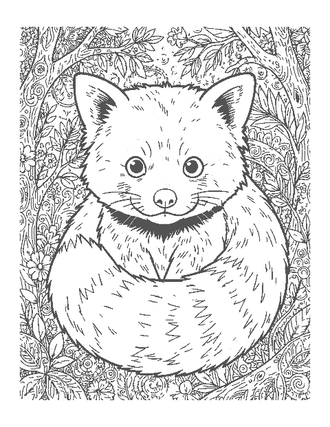 Line drawing close-up of a red panda with detailed fur and its ringed tail wrapped around it