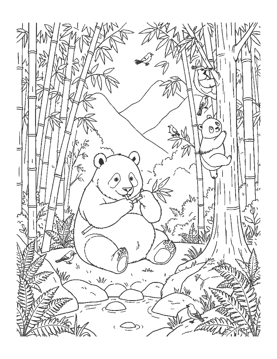 Line drawing of a panda mother eating bamboo while her cub climbs in a misty bamboo forest