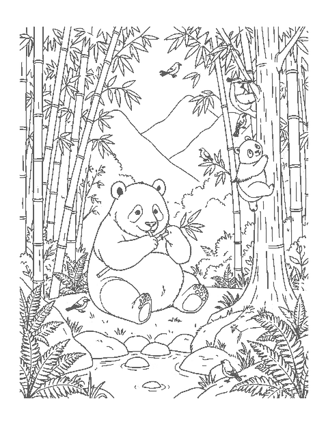 Line drawing of a panda mother eating bamboo while her cub climbs in a misty bamboo forest