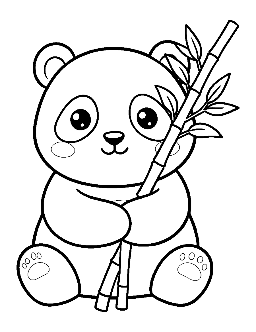 Line drawing of a cute chibi panda sitting and hugging a tall bamboo stalk