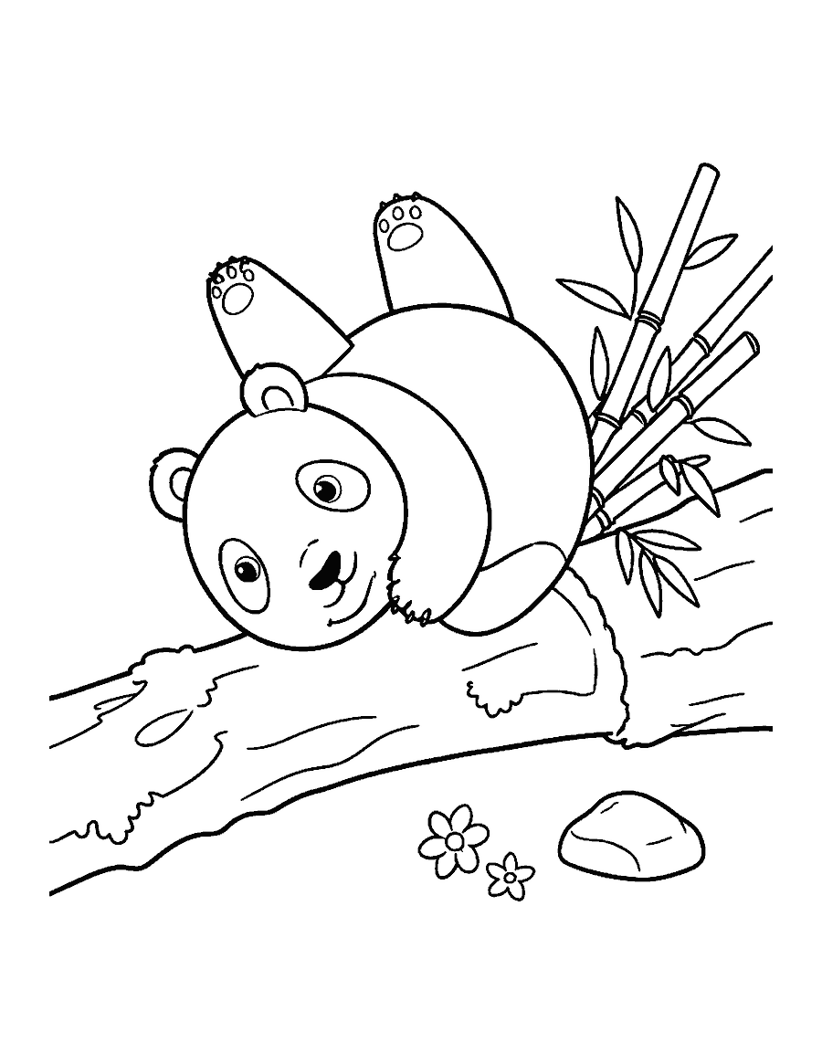 Line drawing of a panda cub tumbling off a mossy log beside bamboo and flowers