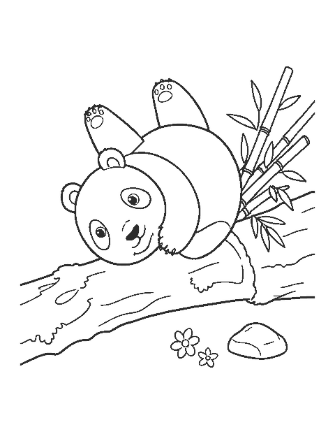 Line drawing of a panda cub tumbling off a mossy log beside bamboo and flowers