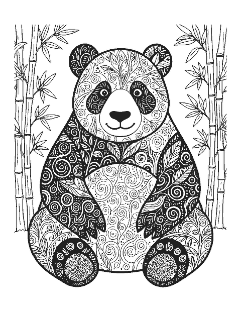 Line drawing of a sitting panda filled with doodle patterns of bamboo leaves and spirals