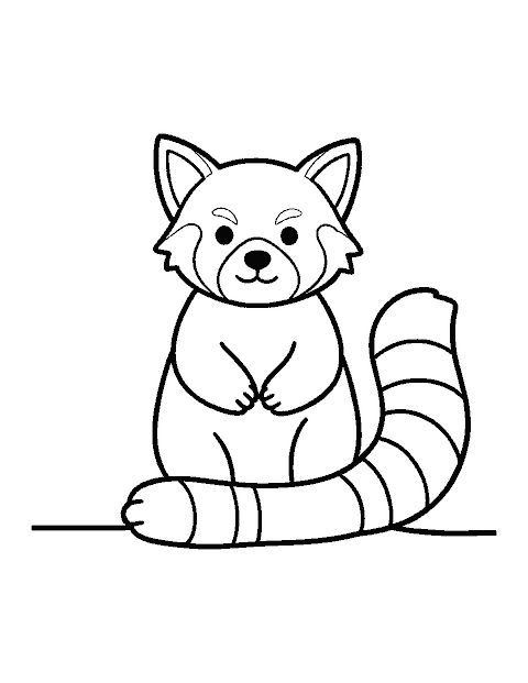 Line drawing of a red panda sitting upright with a long ringed tail beside it