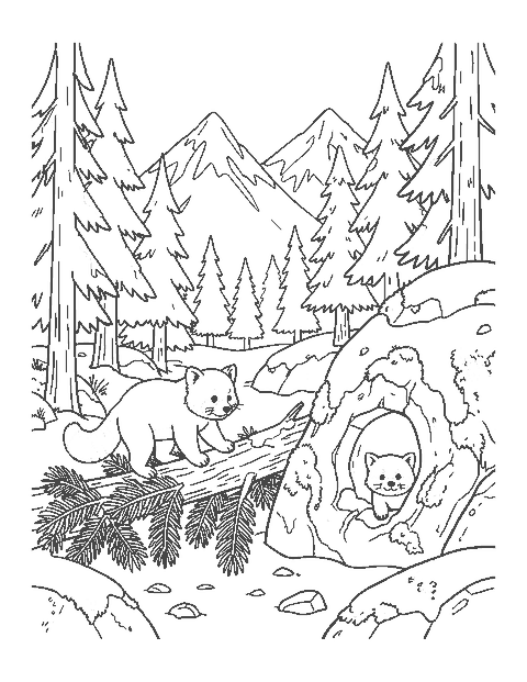 Line drawing of two red pandas exploring a snowy mountain forest with tall fir trees