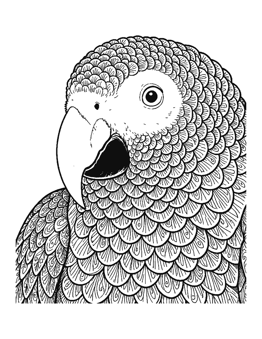 Line drawing close-up of an African grey parrot with a hooked beak and scalloped feathers