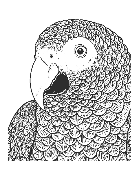 Line drawing close-up of an African grey parrot with a hooked beak and scalloped feathers