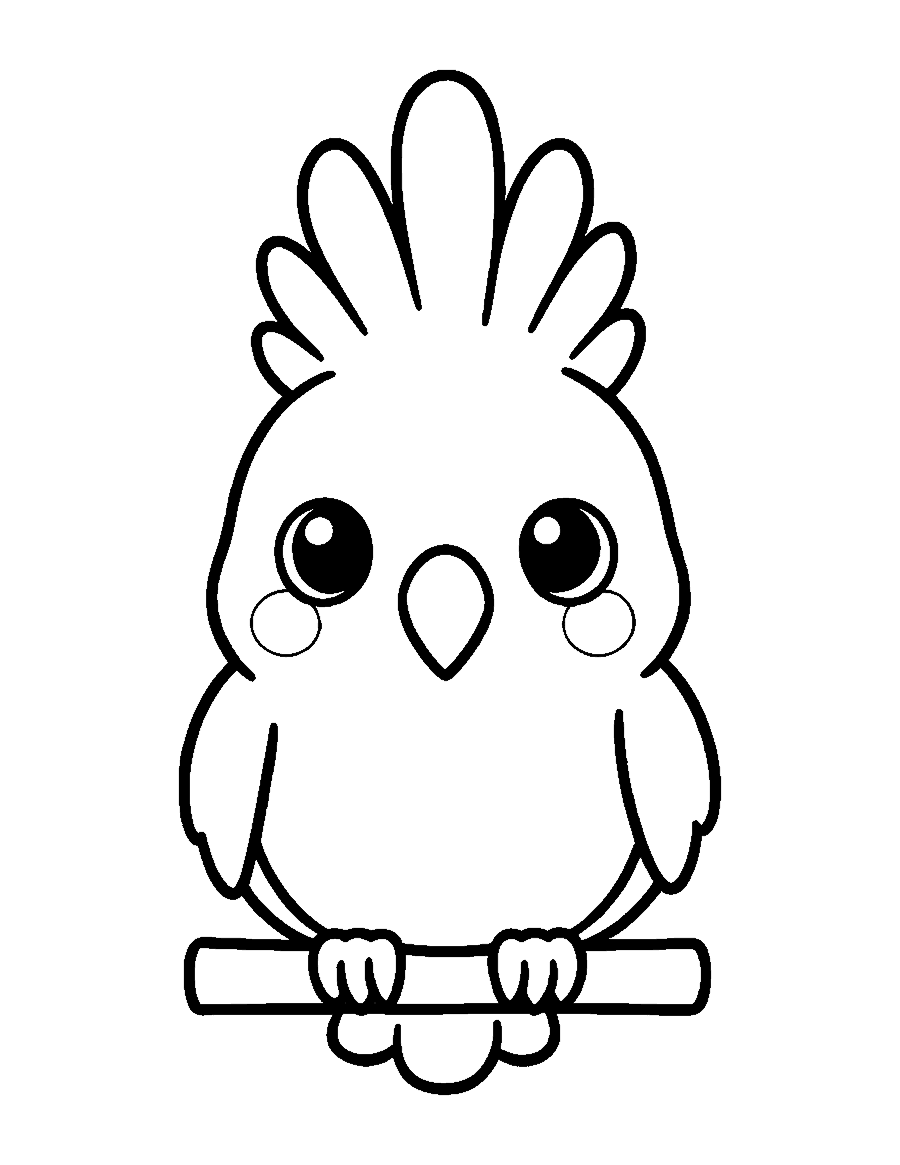 Line drawing of a cute chibi cockatoo with a tall fluffy crest