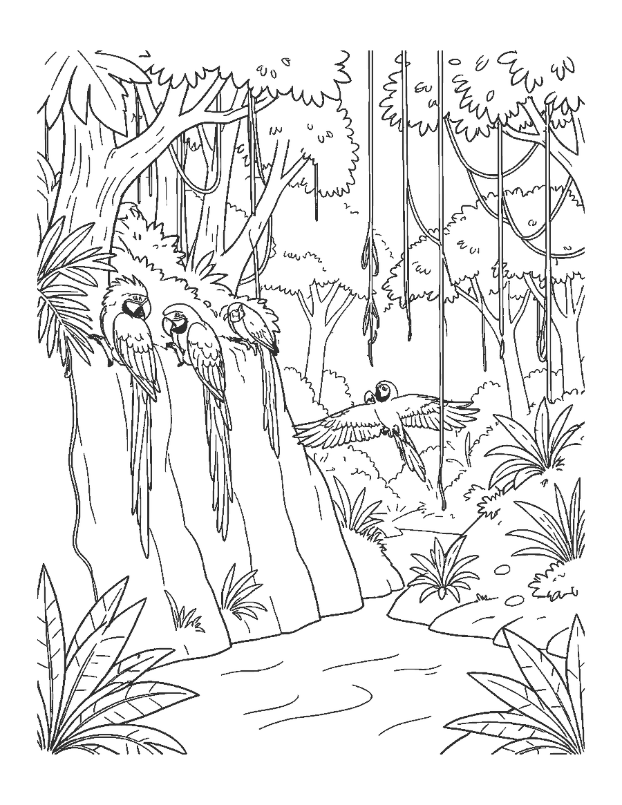Line drawing of three macaws at a clay cliff above a rainforest river