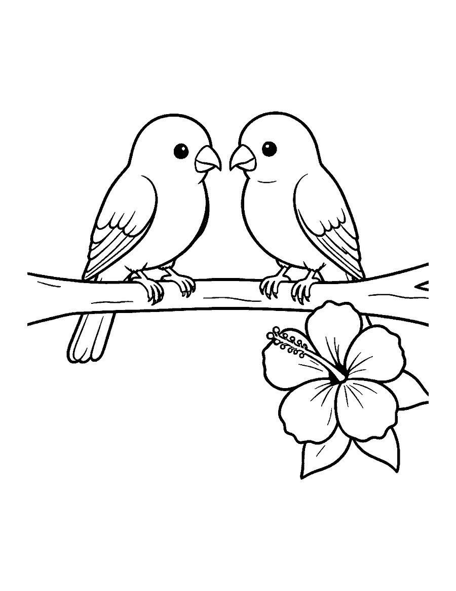 Line drawing of two lovebirds sitting side by side on a branch beside a hibiscus