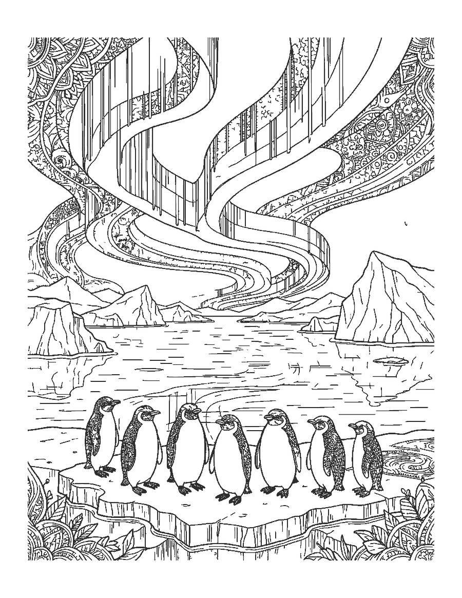 Line drawing of Adélie penguins on an ice shelf under rippling polar lights and stars