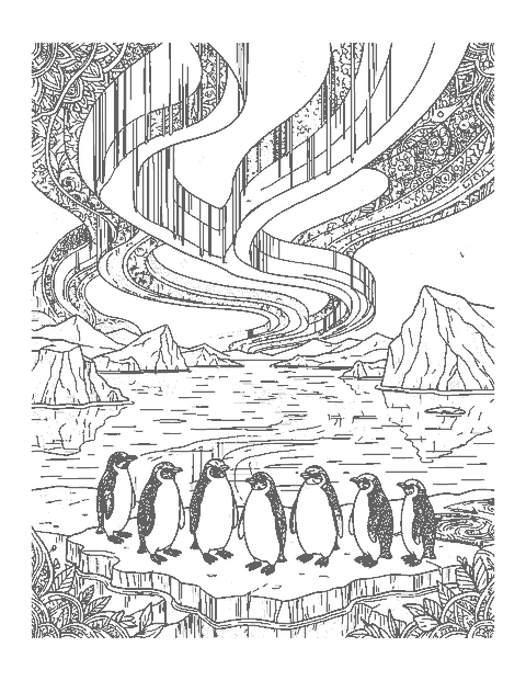 Line drawing of Adélie penguins on an ice shelf under rippling polar lights and stars