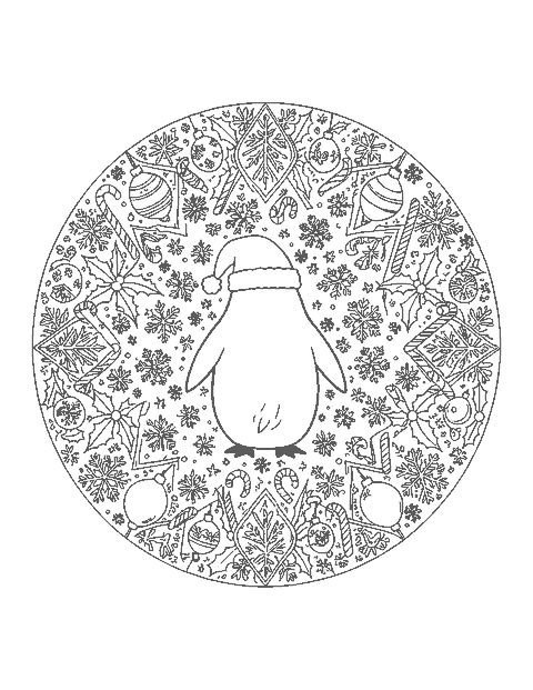Line drawing of a penguin in a Santa hat inside a mandala of snowflakes, holly and ornaments