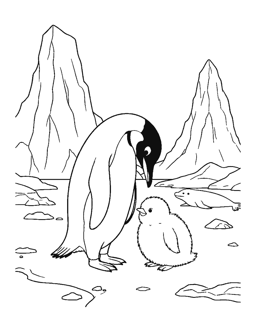 Line drawing of an emperor penguin and its fluffy chick on the ice with icebergs and a seal