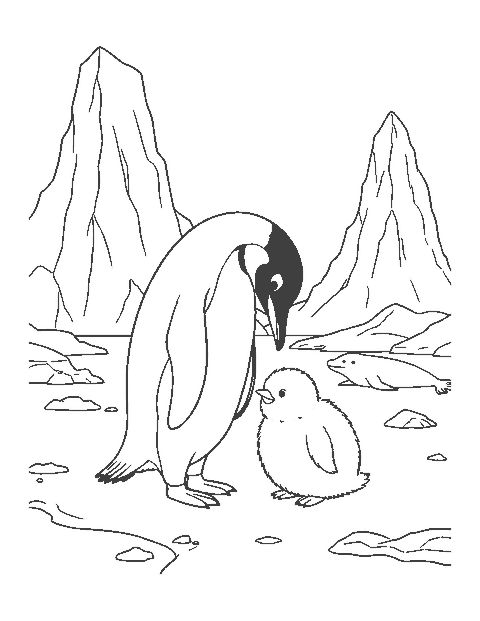 Line drawing of an emperor penguin and its fluffy chick on the ice with icebergs and a seal