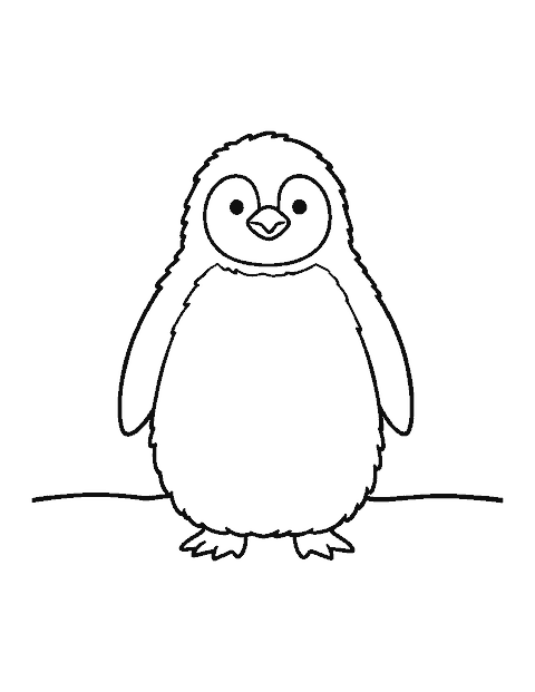 Line drawing of a fluffy emperor penguin chick standing in the snow