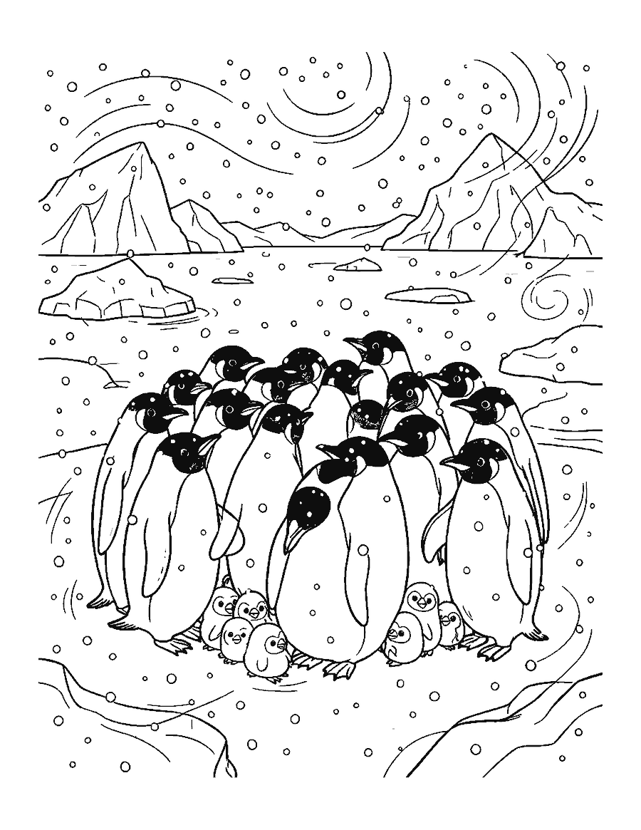 Line drawing of emperor penguins huddled together with chicks on the ice in falling snow
