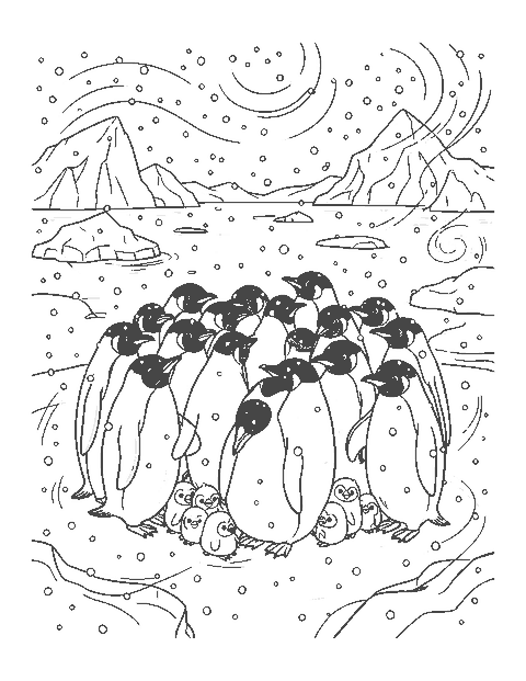 Line drawing of emperor penguins huddled together with chicks on the ice in falling snow