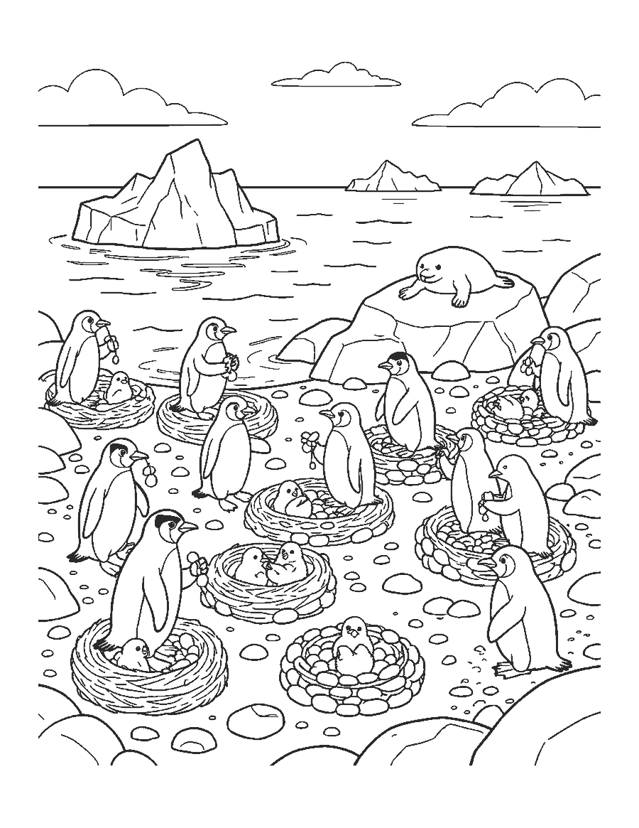 Line drawing of gentoo penguins carrying pebbles and sitting on stone nests by the sea