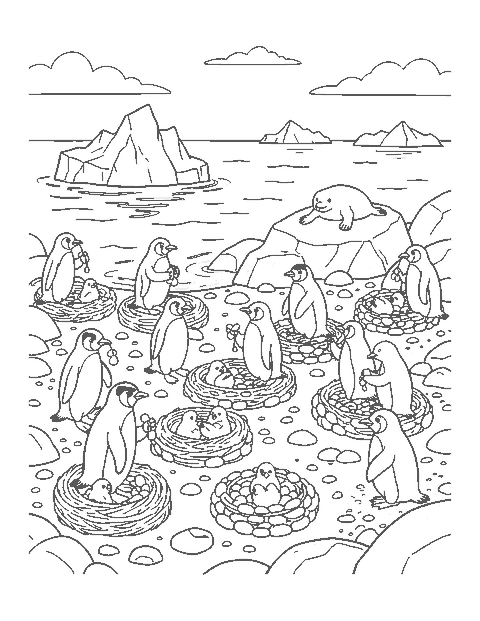 Line drawing of gentoo penguins carrying pebbles and sitting on stone nests by the sea