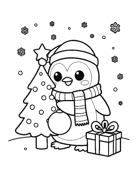 Line drawing of a cute penguin in a Santa hat hanging an ornament on a small Christmas tree