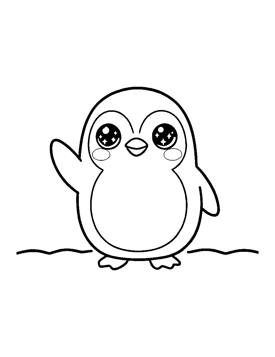 Line drawing of a cute round penguin with big eyes waving one flipper
