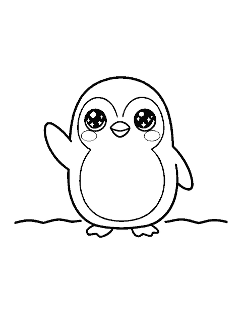 Line drawing of a cute round penguin with big eyes waving one flipper