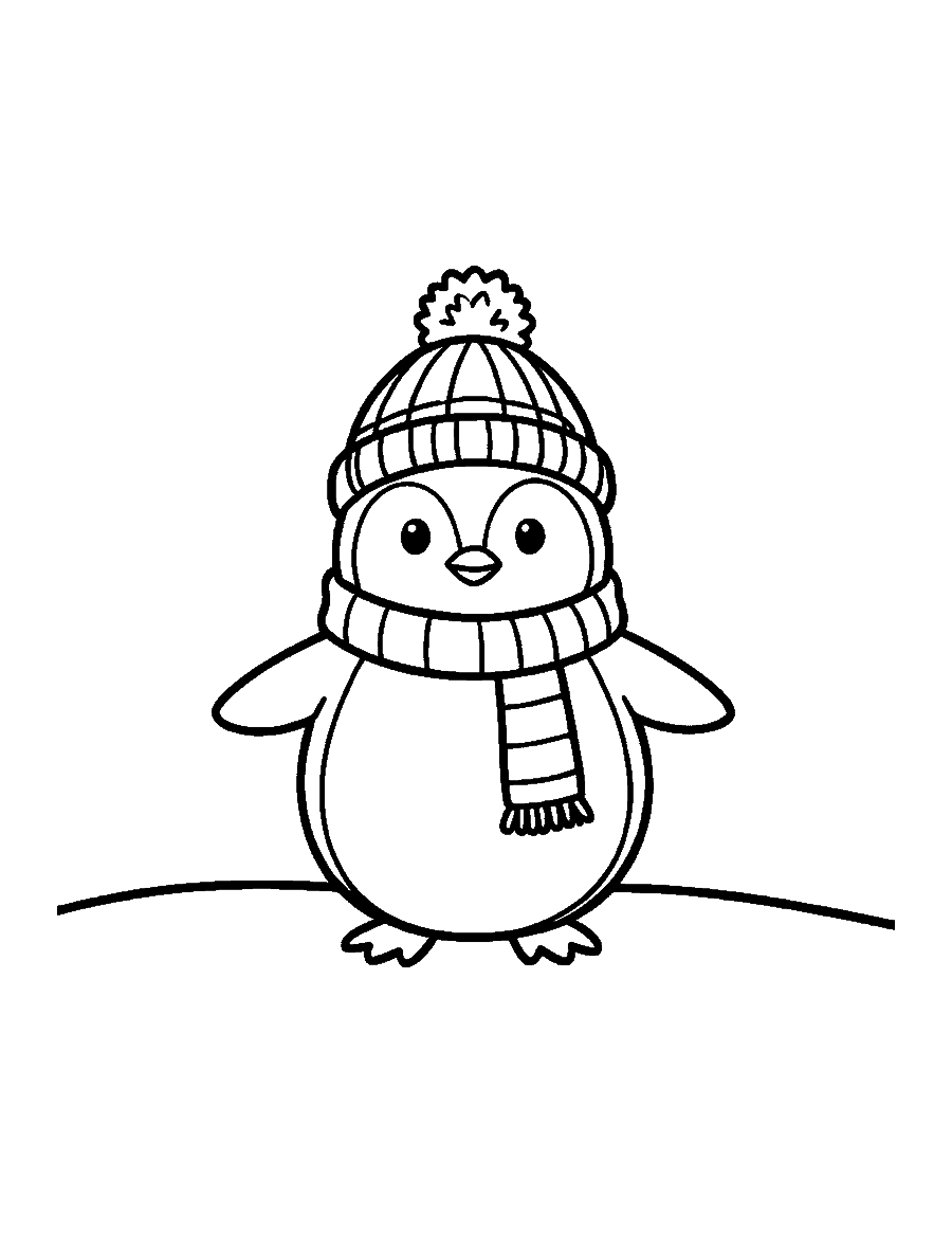 Line drawing of a round penguin chick in a pom-pom hat and a striped scarf