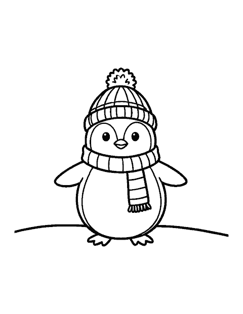 Line drawing of a round penguin chick in a pom-pom hat and a striped scarf