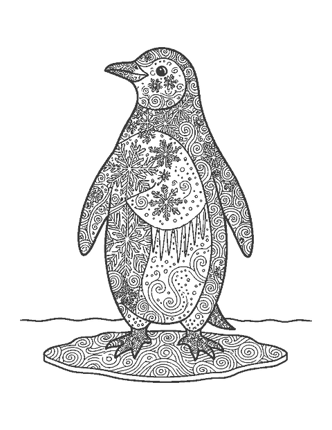 Line drawing of a standing penguin filled with doodle patterns of snowflakes and swirls
