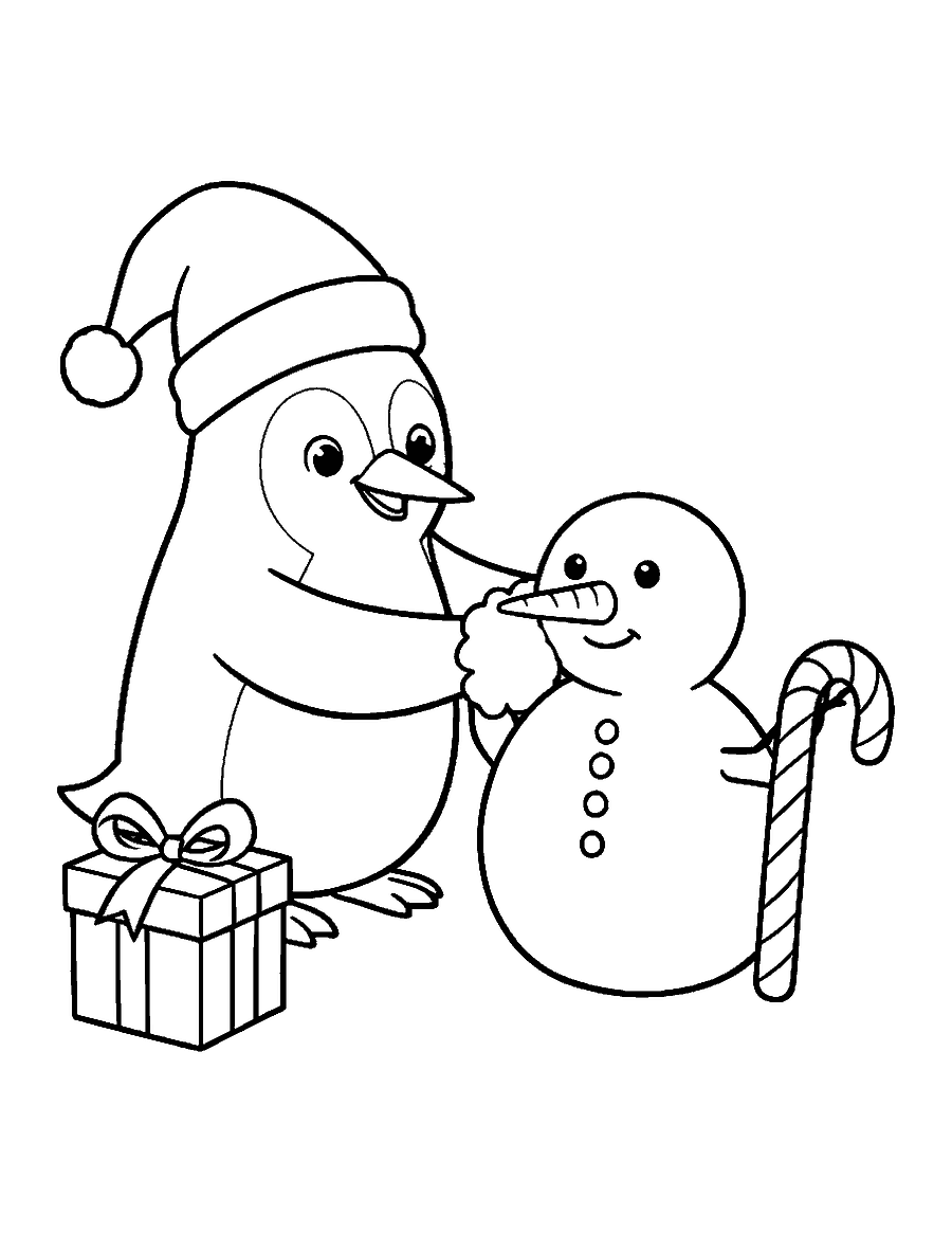 Line drawing of a penguin in a Santa hat building a small snowman beside a present and a candy cane