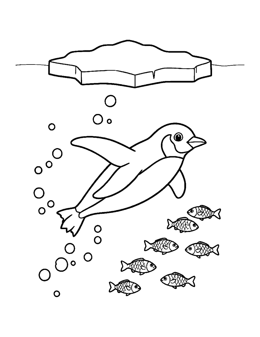 Line drawing of a penguin swimming underwater beside a school of fish below an ice floe