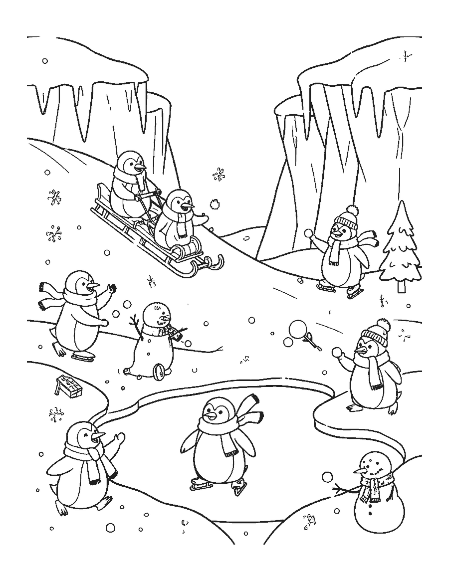 Line drawing of penguins in scarves sledding, skating and building a snowman