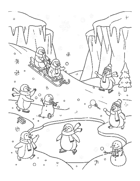 Line drawing of penguins in scarves sledding, skating and building a snowman