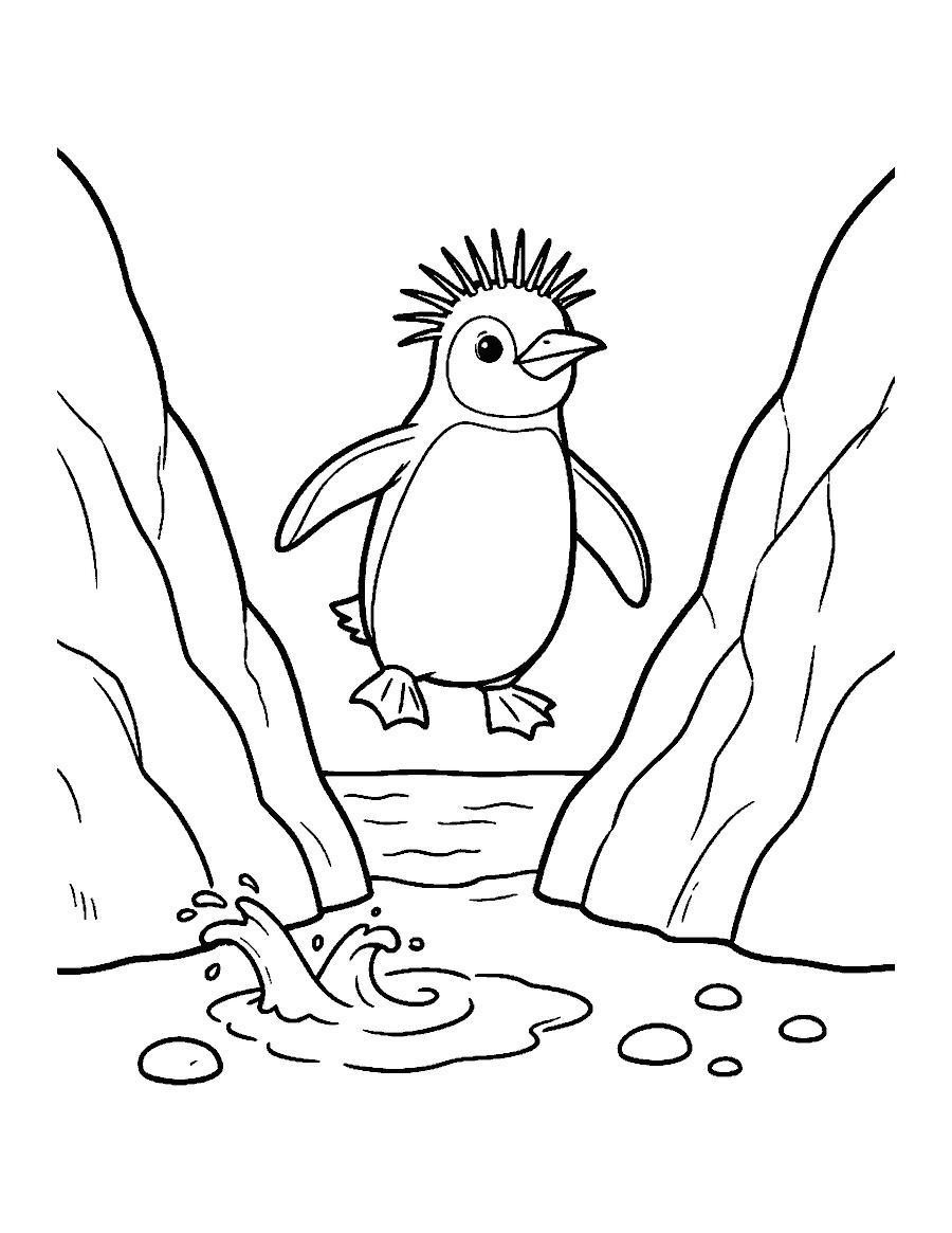 Line drawing of a crested rockhopper penguin jumping between two rocks by the sea